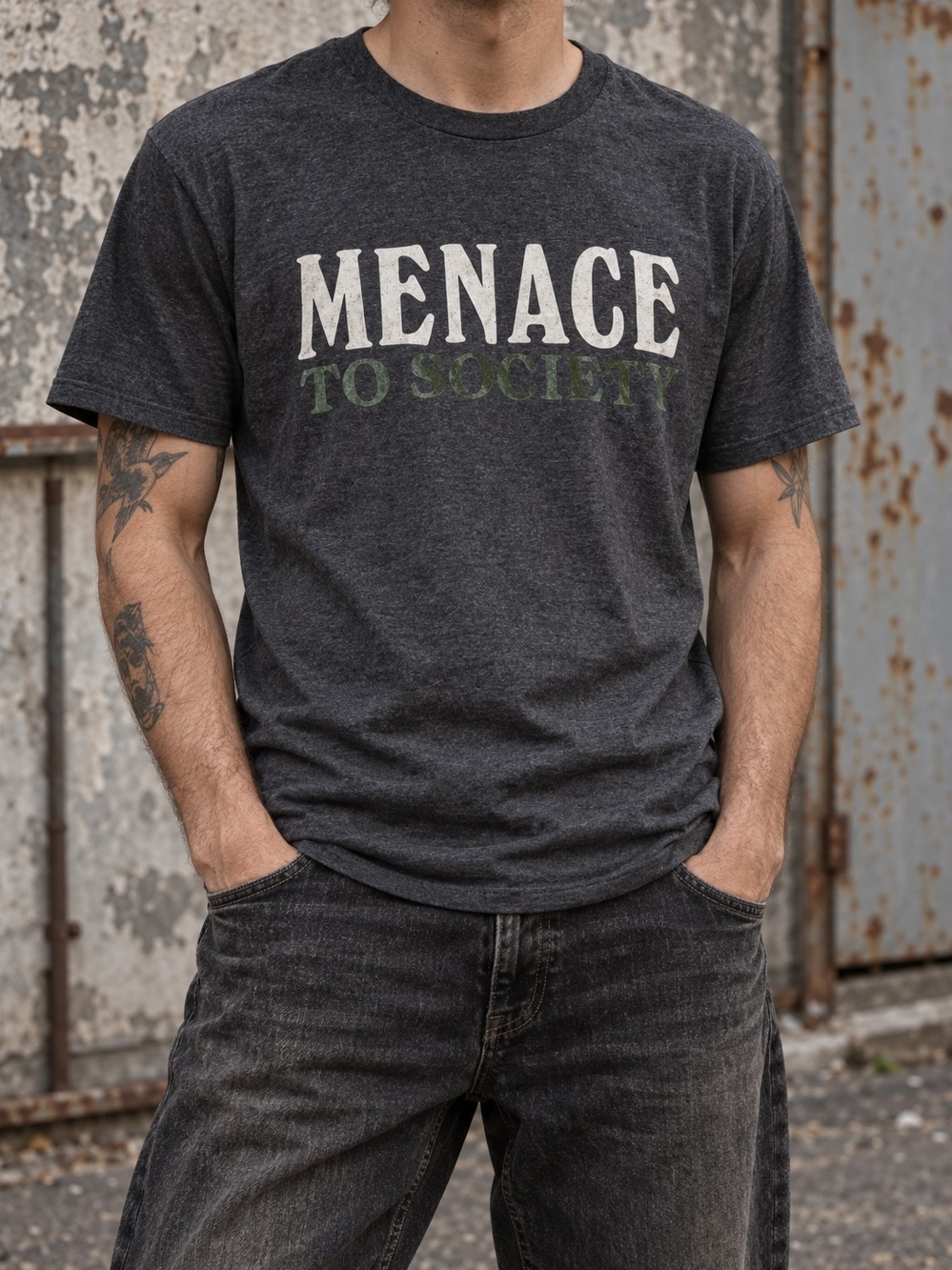 "Menace to Society" Graphic T-Shirt L Gray Grunge Tee Funny Casual Streetwear